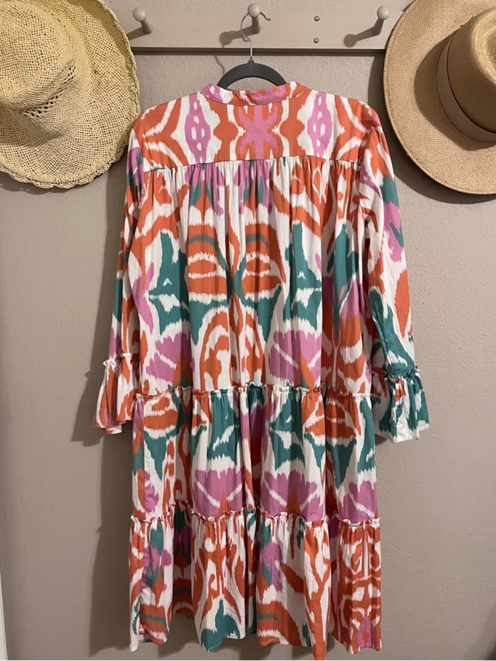 Sheridan French Colorful Ikat Tiered Shift Dress - Coral, Pink & Teal XL - Picture 2 of 7